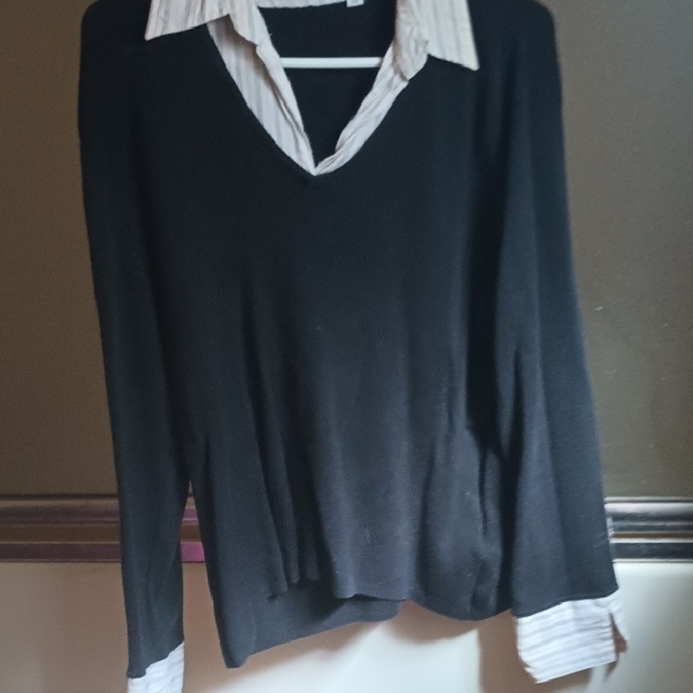 Black V-Neck Sweater with White Collar